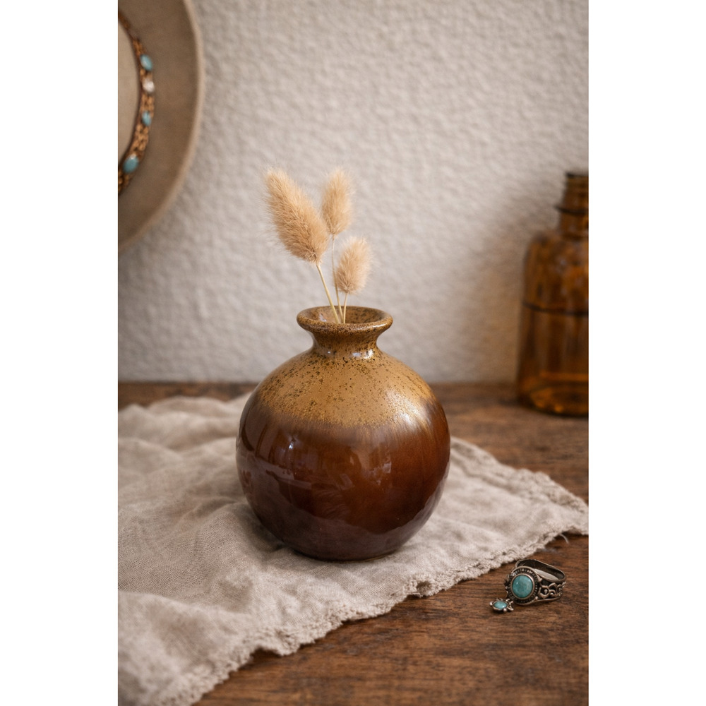 Vintage brown drip glaze pottery bud vase, typically from the 1960s or 1970s